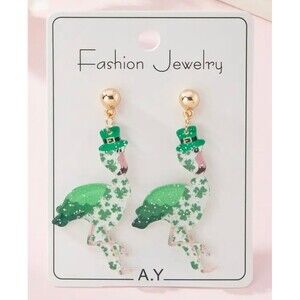 St. Patrick's Day Flamingo Earrings Irish Celtic